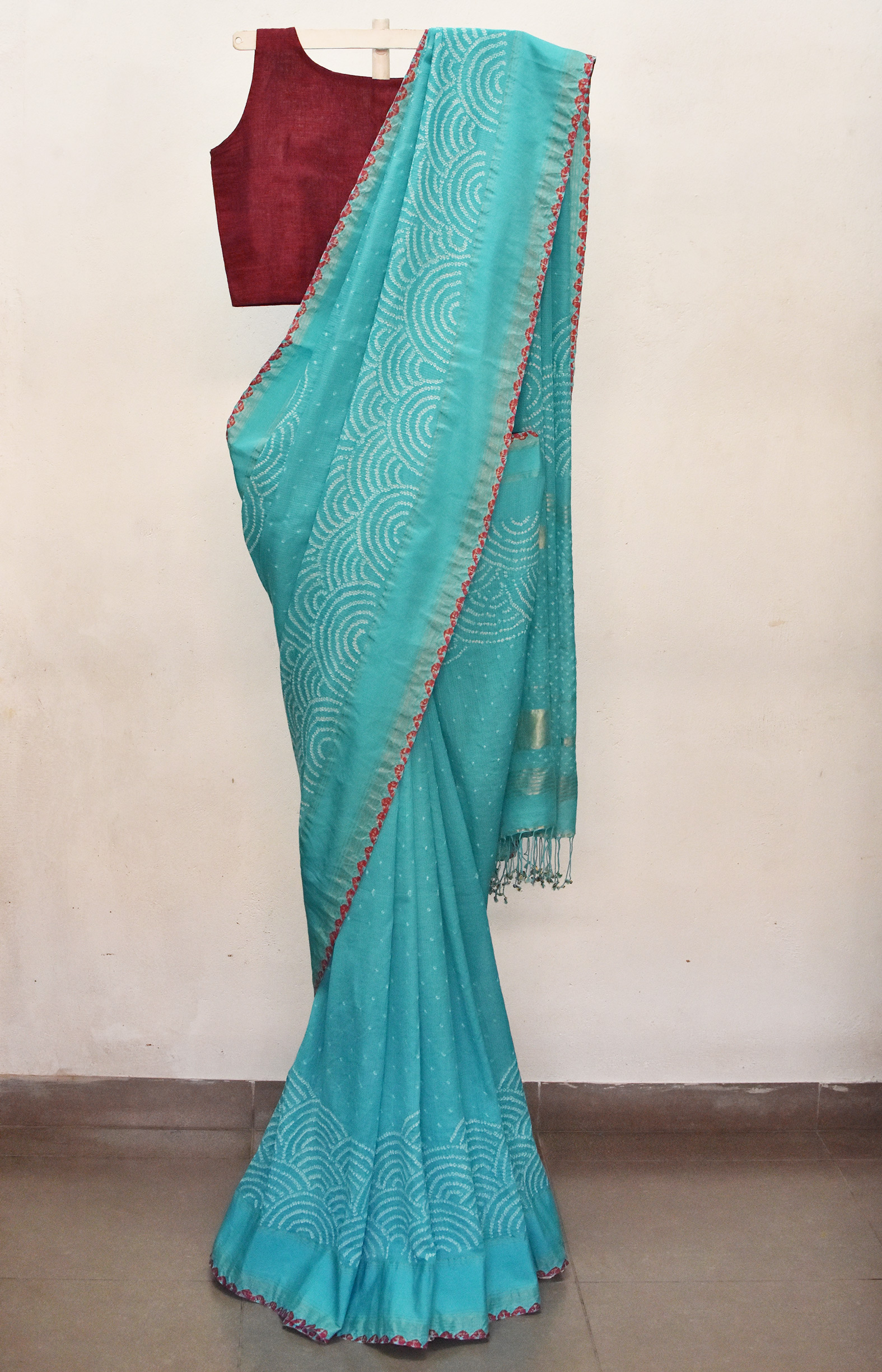Light Blue,Handwoven Organic Cotton, Textured Weave , Tie & dye, Occasion Wear, Jari, Rai Bandhani Saree